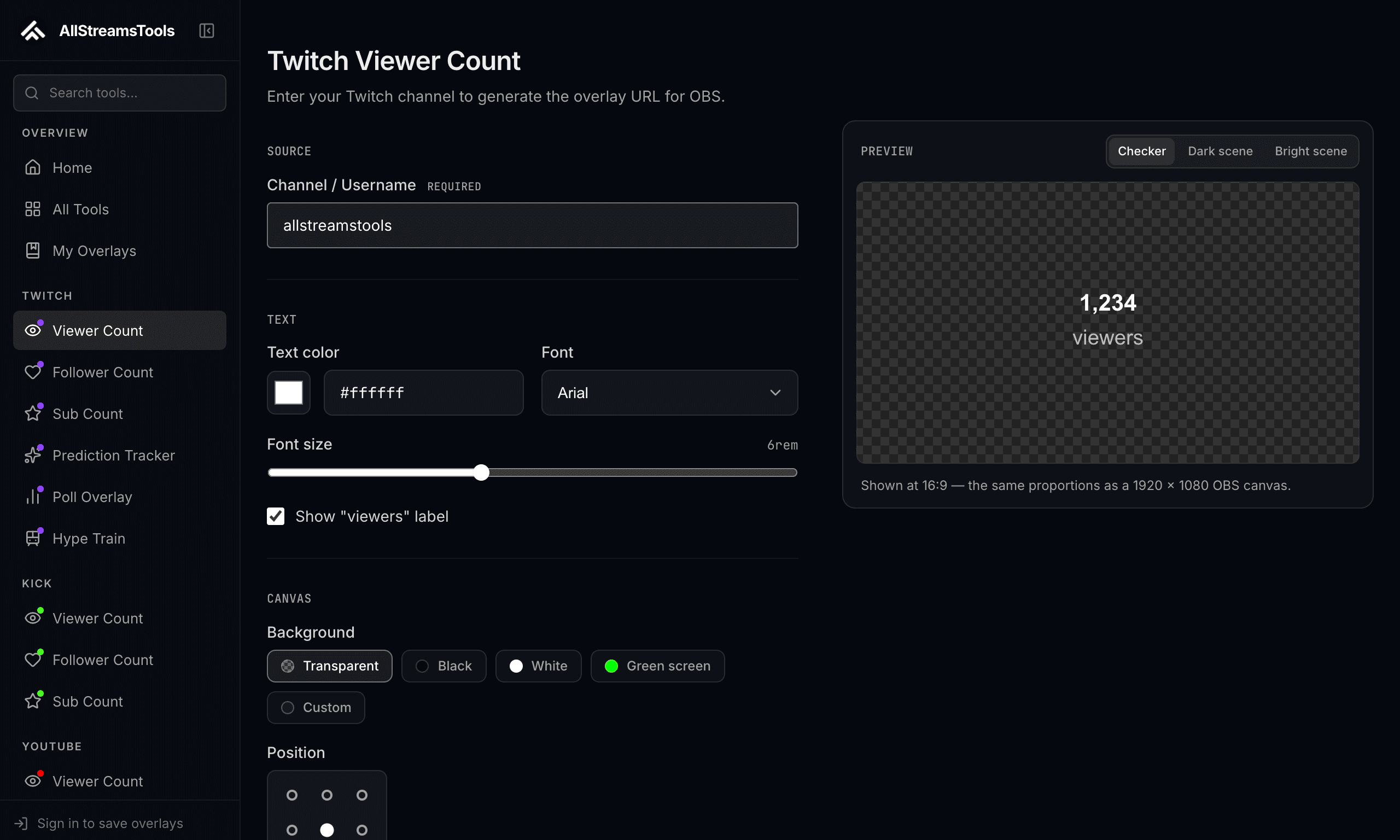 The viewer count configuration screen: sidebar catalog, controls, and a live transparent preview
